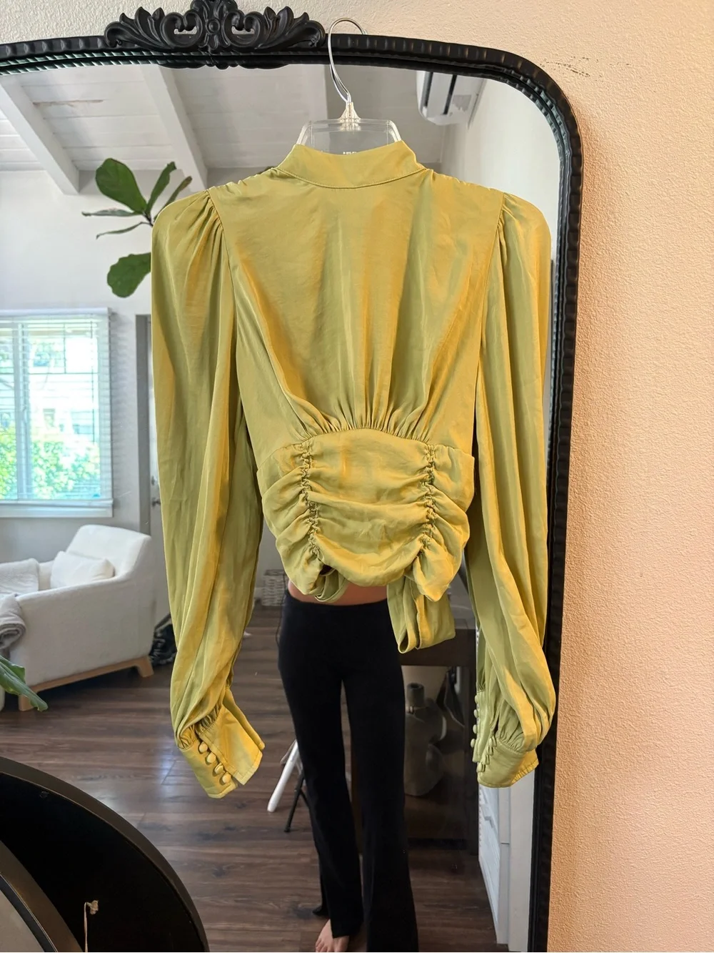 Free People Olive Green Ruched Waist Long-Sleeve Blouse